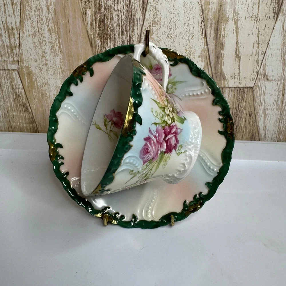 Weimar Germany Porcelain Tea Cup and Saucer Set Pink Rose Green Gold Trim